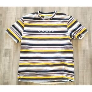 Guess 1981 Retro Multicolor Embroidered Logo Striped T Shirt Mens Medium Vtg 90s